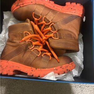Kids Brown Leather-Style Boots with Orange Soles and Laces